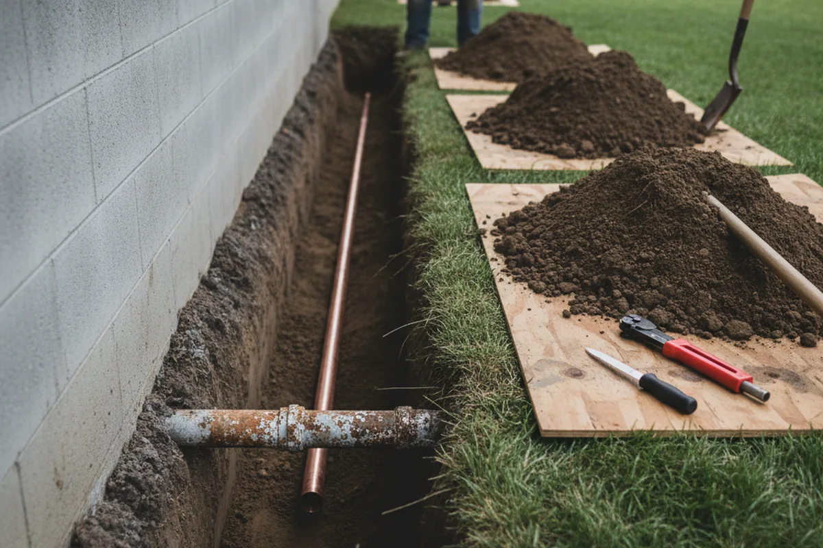 Excavated water line trench during Water Softener Installation in Lejunior